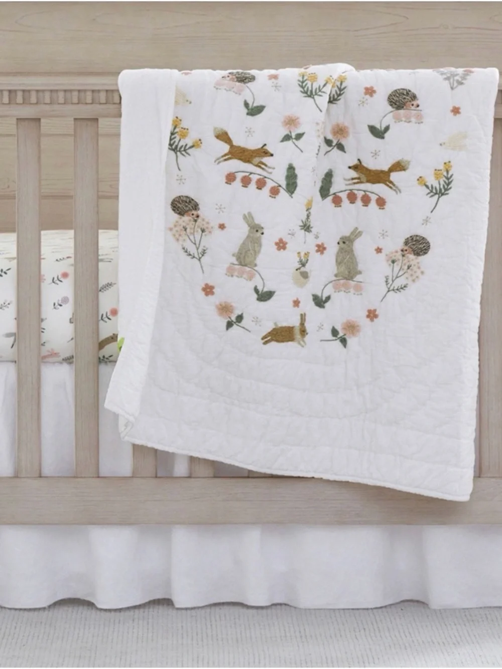 Pottery Barn White Toddler Quilt with Pastel Floral Embroidery